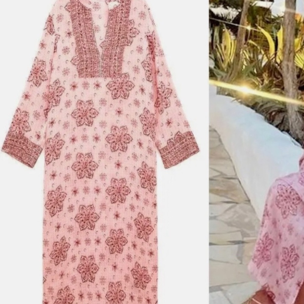 Zara Pink Floral Long Sleeve Dress Boho Trendy